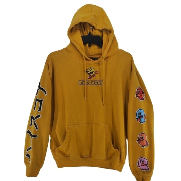 Vtg Pac Man Hoodie Sweatshirt Mens S Gold Japanese Characters Graphics Fleece - Picture 12 of 14